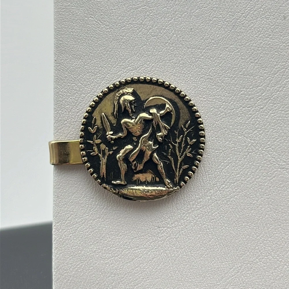 Goldtone vintage warrior knight sword shield protector statement tie button clip